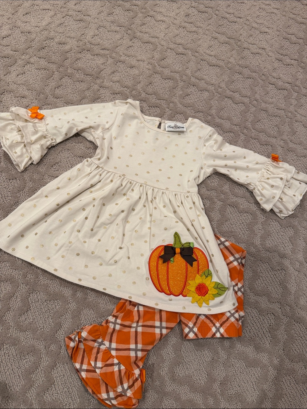 Rare Editions Cream Tunic with Orange Pumpkin & Plaid Leggings